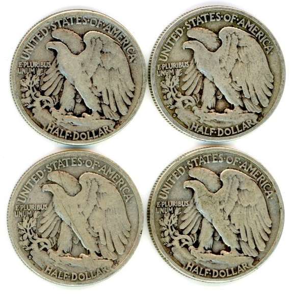 Four Different Walking Liberty Silver Half Dollars: 1941-1944
