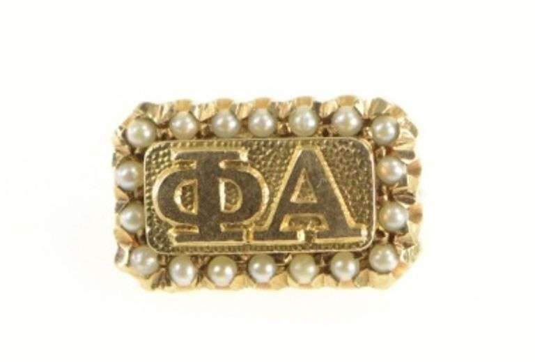 10K Yellow Gold Phi Alpha Victorian Seed Pearl Greek Lapel Pin/Brooch