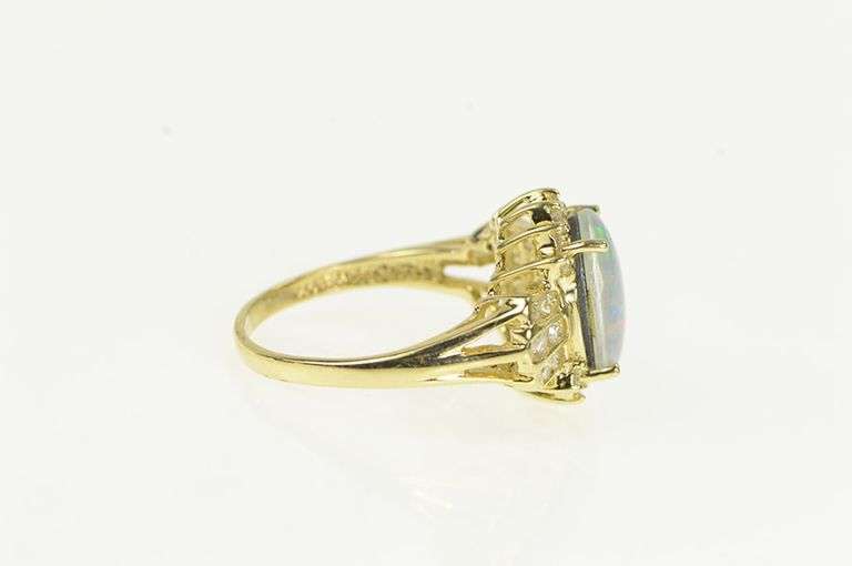 14K Yellow Gold Oval Opal Triplet Diamond Halo Vintage Ring