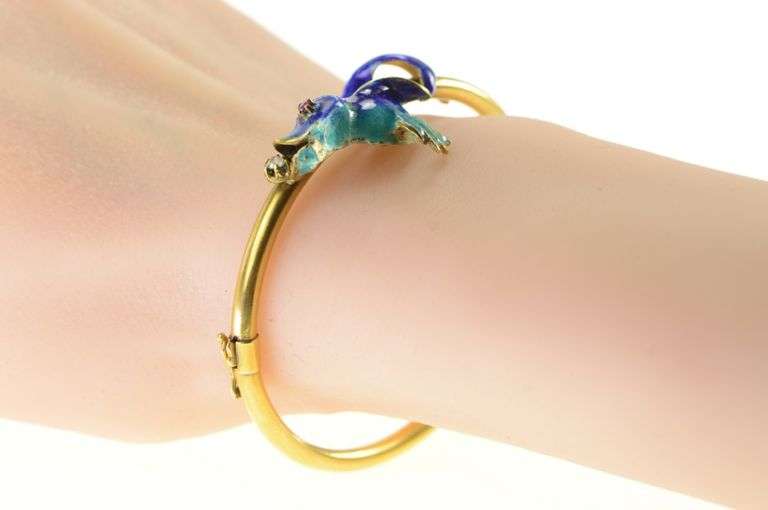 14K Yellow Gold 1930's Diamond Blue Enamel Fish Bangle Bracelet