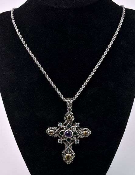 Mutli-Gem Cross Pendant Necklace In Sterling Silver