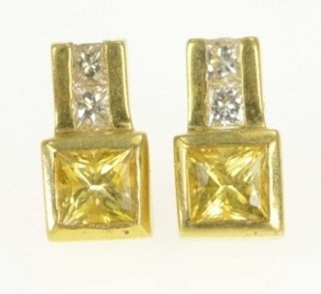 14K Yellow Gold Citrine Diamond Squared Vintage Stud Earrings