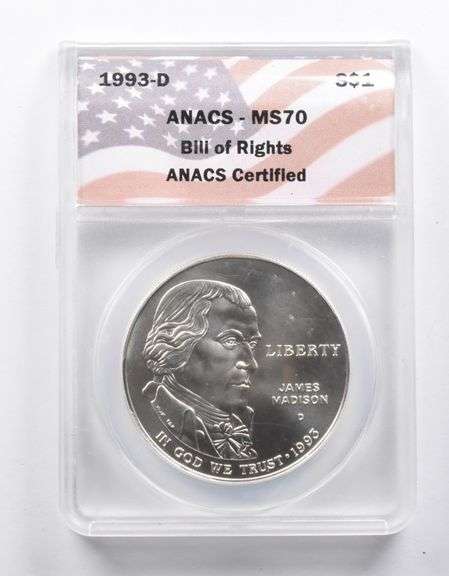 MS70 1993-D Bill Of Rights Commemorative Silver Dollar ANACS