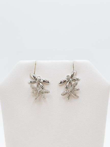 18k White Gold Twin Dragonfly with Diamond Head Earrings