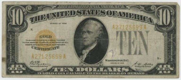 Series of 1928 Small Size $10 Gold Certificate. Scarce.