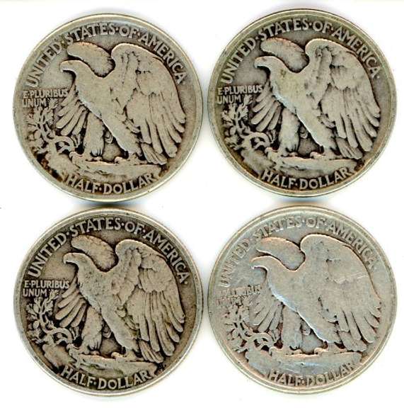 Four Different Walking Liberty Silver Half Dollars: 1941-1945