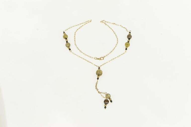 10K Yellow Gold Smoky Quartz Onyx Beaded Fringe Chain Necklace