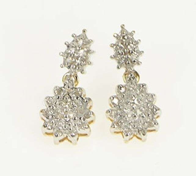 14K Yellow Gold Diamond Tear Drop Pear Cluster Vintage Earrings