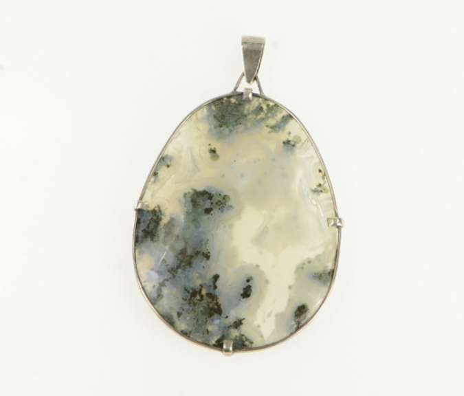 Sterling Silver Oval Moss Agate Palm Stone Bezel Pendant