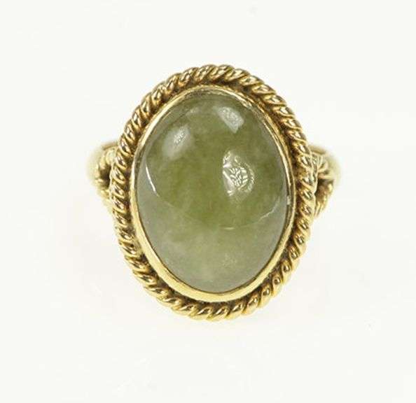 14K Yellow Gold Oval Jadeite Cabochon Vintage Statement Ring