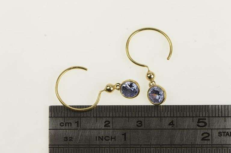 14K Yellow Gold Round Sim. Tanzanite Solitaire Dangle Hoop Earrings
