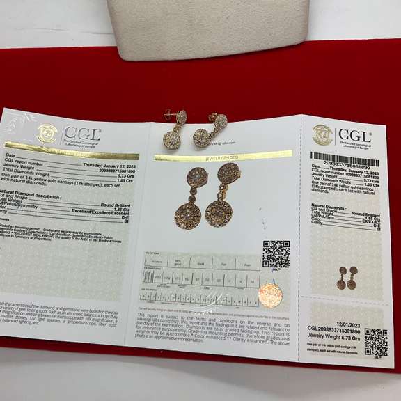 CERTIFIED 14K GOLD AND DIAMOND CLUSTER DROP EARRINGS