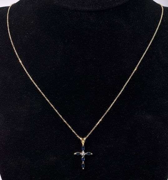 Heavenly Cross Pendant With Blue Sapphire And Diamond In 14K Yellow Gold