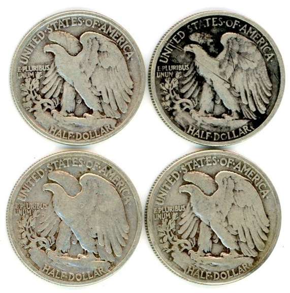 Four Different Walking Liberty Silver Half Dollars: 1942-1945