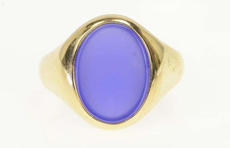 14K Yellow Gold 1960's Oval Sim. Blue Agate Retro Men's Ring