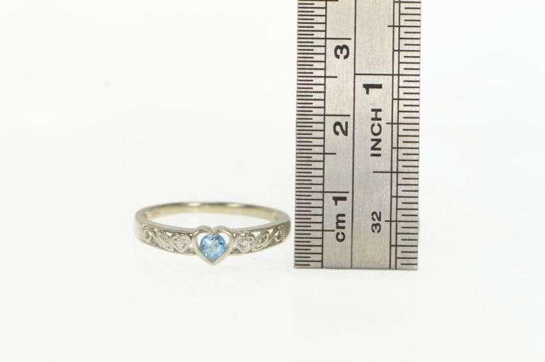 10K White Gold Heart Blue Topaz Diamond Promise Love Ring