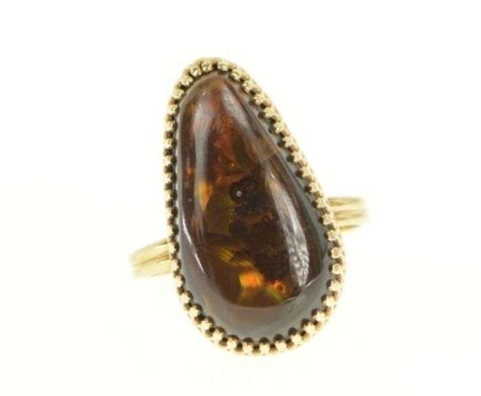 14K Yellow Gold Oval Fire Agate Cabochon Elaborate Statement Ring