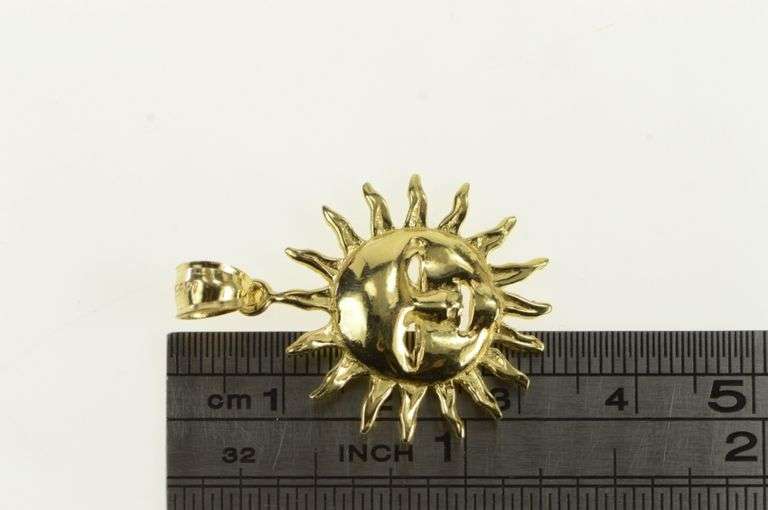 14K Yellow Gold Sun Face Ornate Celestial Motif Astrology Pendant