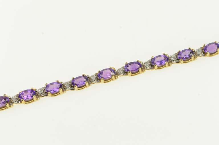 14K Yellow Gold Oval Amethyst Diamond Accent Vintage Tennis Bracelet