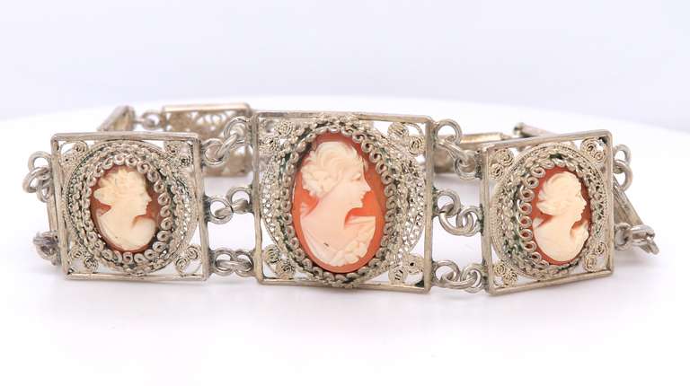 Vintage 925 Sterling Silver Filigree Cameo Bracelet