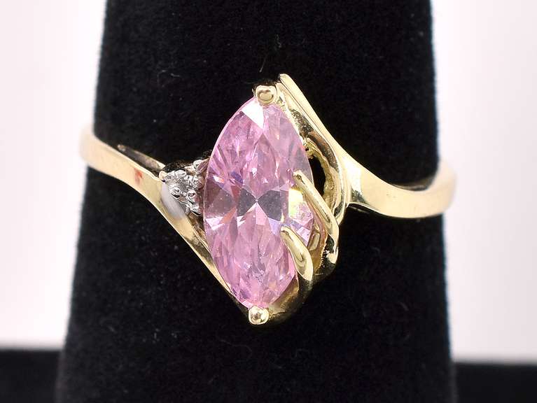 Unique Pink CZ Ring In Yellow Gold