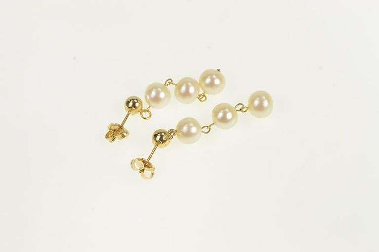 14K Yellow Gold 5.8mm Pearl Dangle Chain Fringe Tassel Earrings