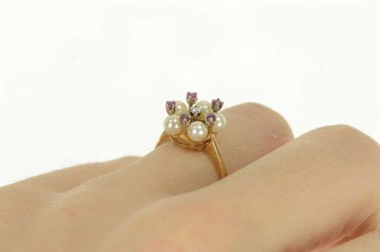 14K Yellow Gold Ruby Diamond Pearl Flower Cluster Statement Ring