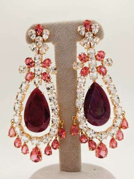 Royal hand made 18k Gold Ruby and Tourmaline and Topaz Estate Earring & Pendant Chandellier Style Jewelry Suite Set
