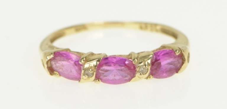10K Yellow Gold Oval Pink Sapphire Diamond Accent Band Ring