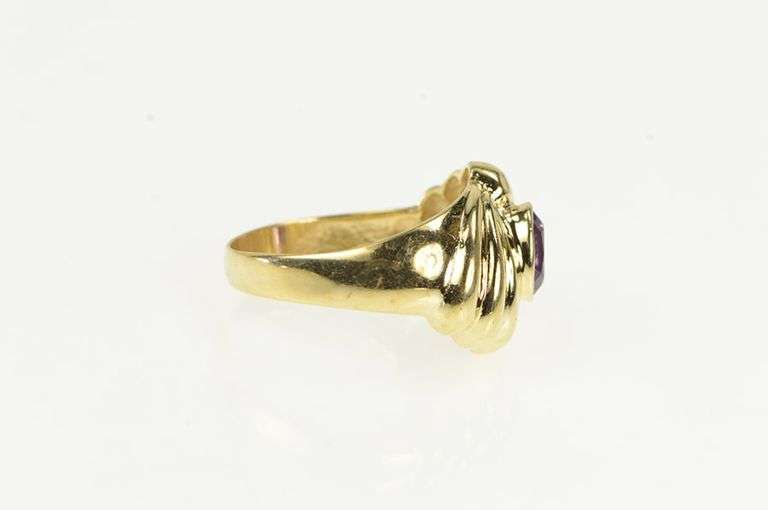 14K Yellow Gold Retro Puffy Amethyst Swirl Twist Design Ring