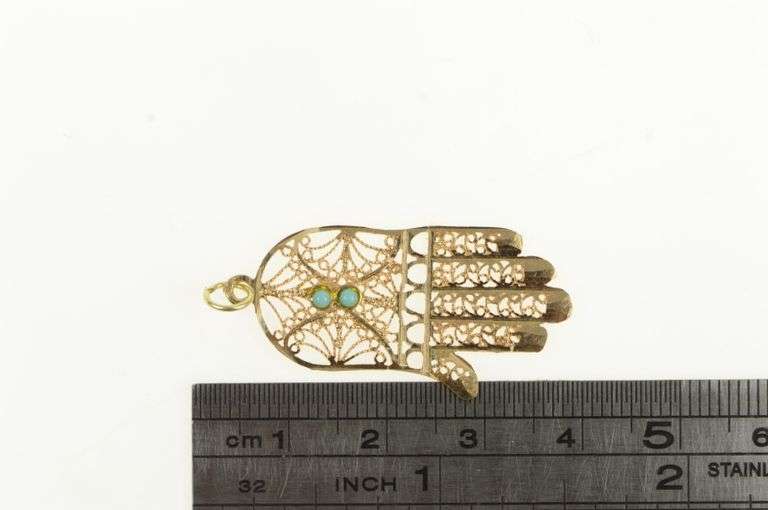 14K Yellow Gold Filigree Hamsa Turquoise Protect Symbol Charm/Pendant