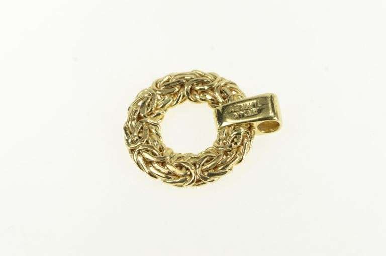 14K Yellow Gold Byzantine Link Round Circle Diamond Bar Pendant