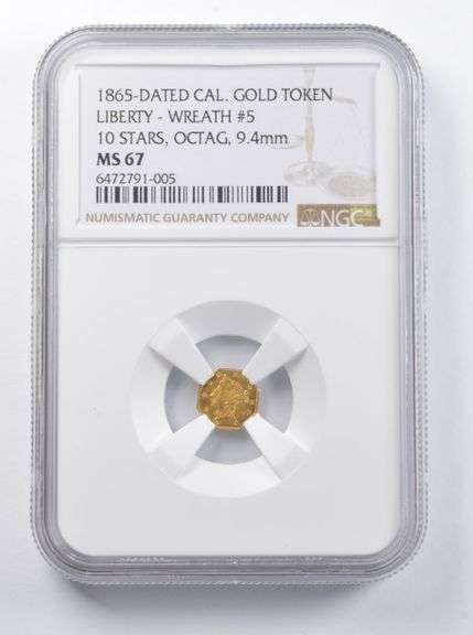 MS67 1865-Dated Liberty Head CA Gold Octagon Token Wreath #5 Stars NGC