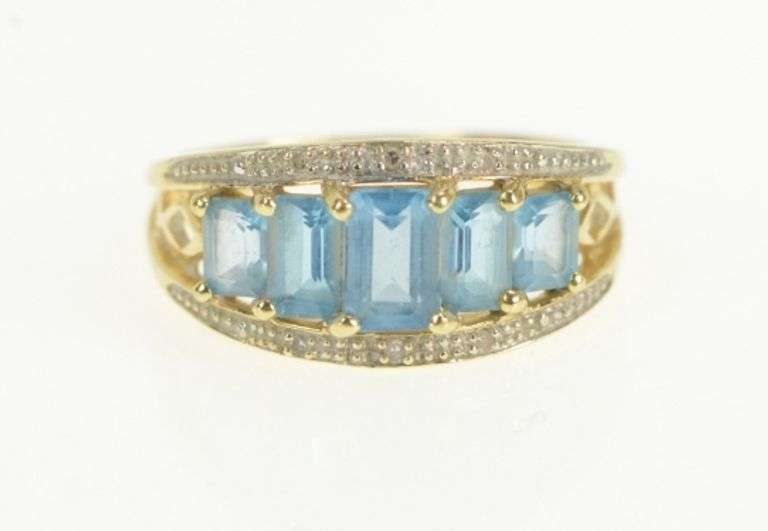 14K Yellow Gold Emerald Cut Blue Topaz Diamond Accent Ring
