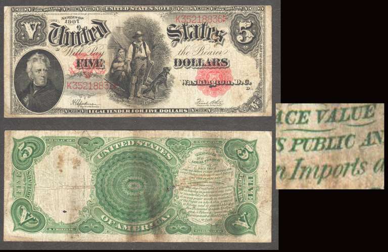 $5 1907 Woodchopper Fr. 91 with misspelled PUBLIC Grades Fine