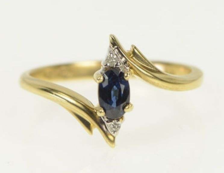 14K Yellow Gold Oval Sapphire Diamond Accent Vintage Bypass Ring