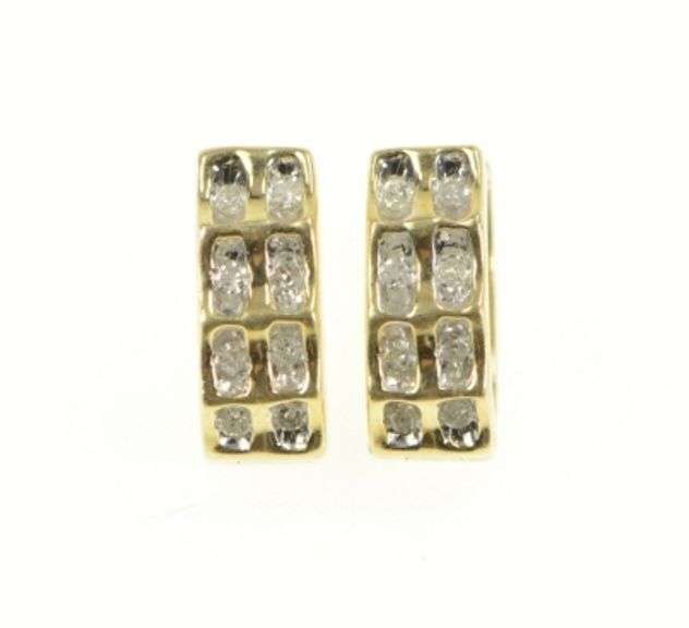 10K Yellow Gold Retro Oval Diamond Squared Huggies Hoop Earrings