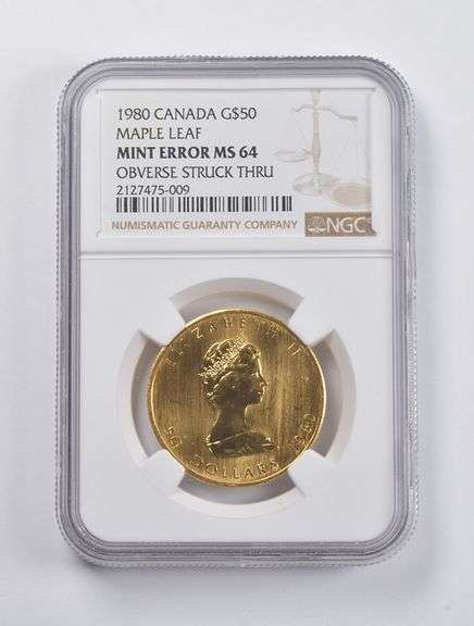 MS64 Error 1980 Canada $50 Gold Maple Leaf 1 Oz OBV Struck Thru NGC