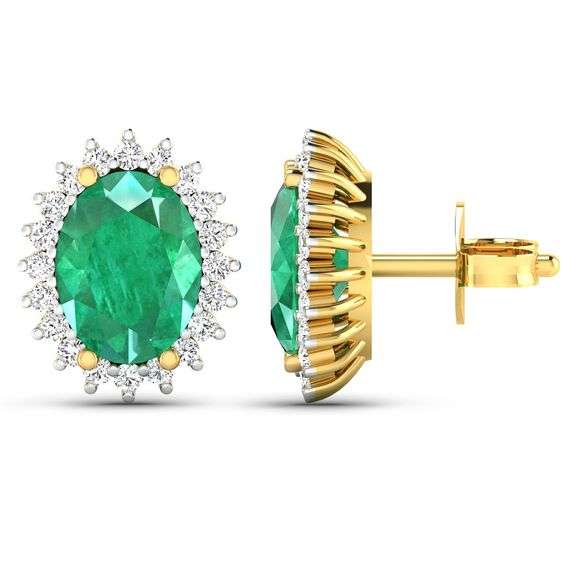 14 Kt Solid Yellow Gold Emerald & Diamond Earrings