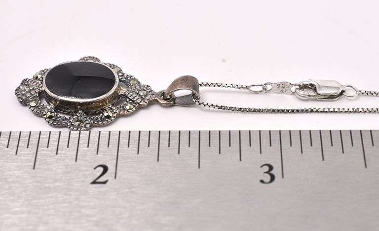 Black Onyx And Marcasite Pendant Necklace In Sterling Silver