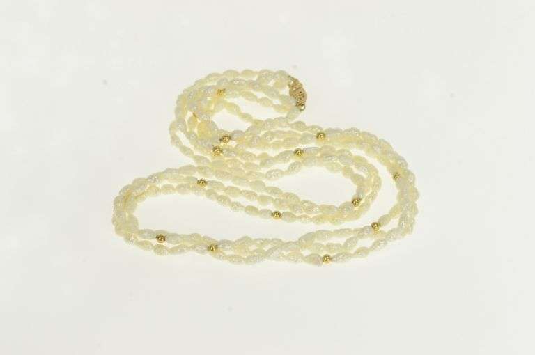 14K Yellow Gold 3.7mm Pearl Layered Beaded Retro Vintage Necklace