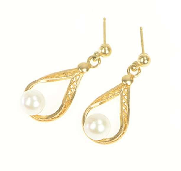 14K Yellow Gold Pearl Vintage Filigree Dangle Tear Drop Earrings
