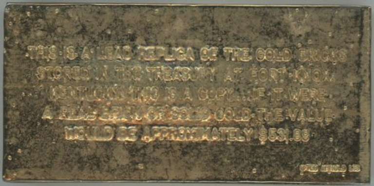 Interesting 14.295 ozs. Gold Brick Bar Fort Knox Facsimile
