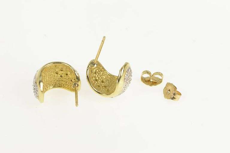 14K Yellow Gold Pave Diamond Huggies Semi Hoop Statement Earrings