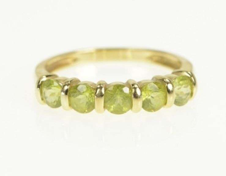 14K Yellow Gold Five Stone Round Vintage Peridot Statement Ring