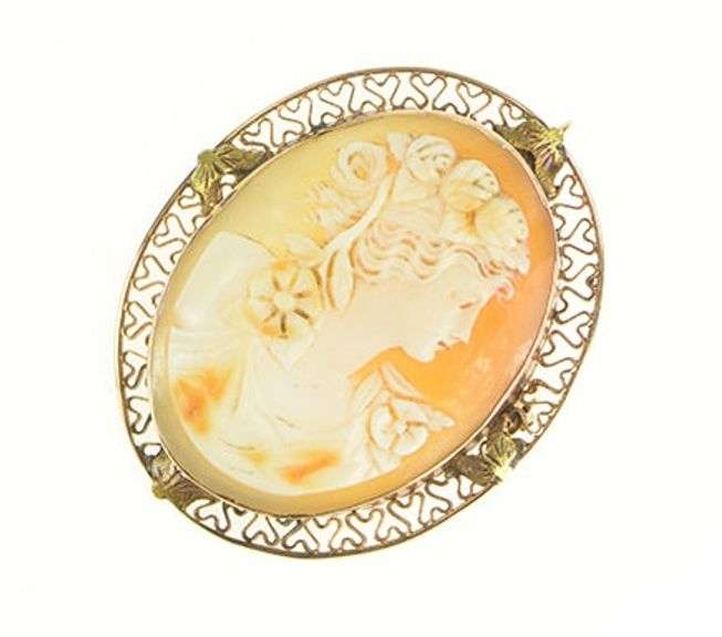 14K Yellow Gold Elaborate Ornate Carved Shell Cameo Lady Pin/Brooch