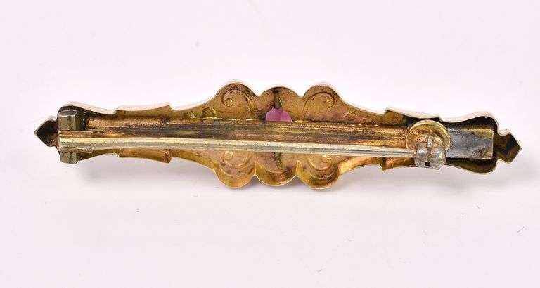 Unique Rhodolite Garnet And Pearl Pin In Yellow Gold