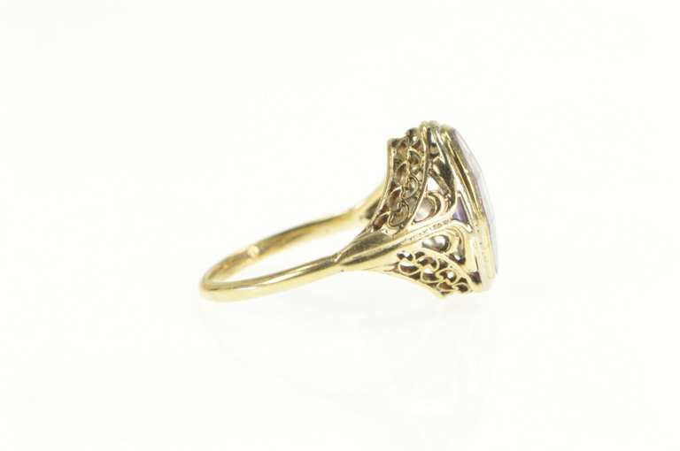 10K Yellow Gold Art Nouveau Ornate Filigree Amethyst Cocktail Ring