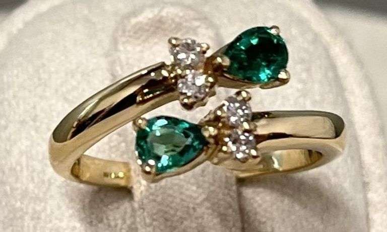 14kt Solid Yellow Gold, Emerald, and Diamond Ring