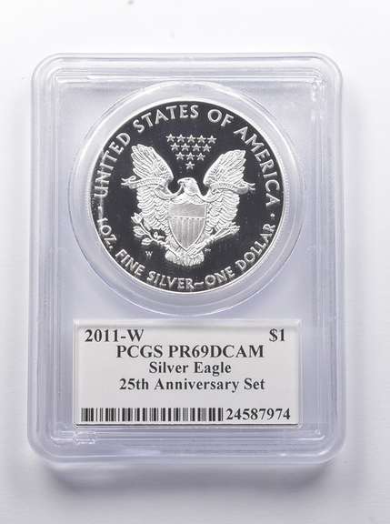 PR69DCAM 2011-W American Silver Eagle 25th Anniv. Signed Mercanti PCGS